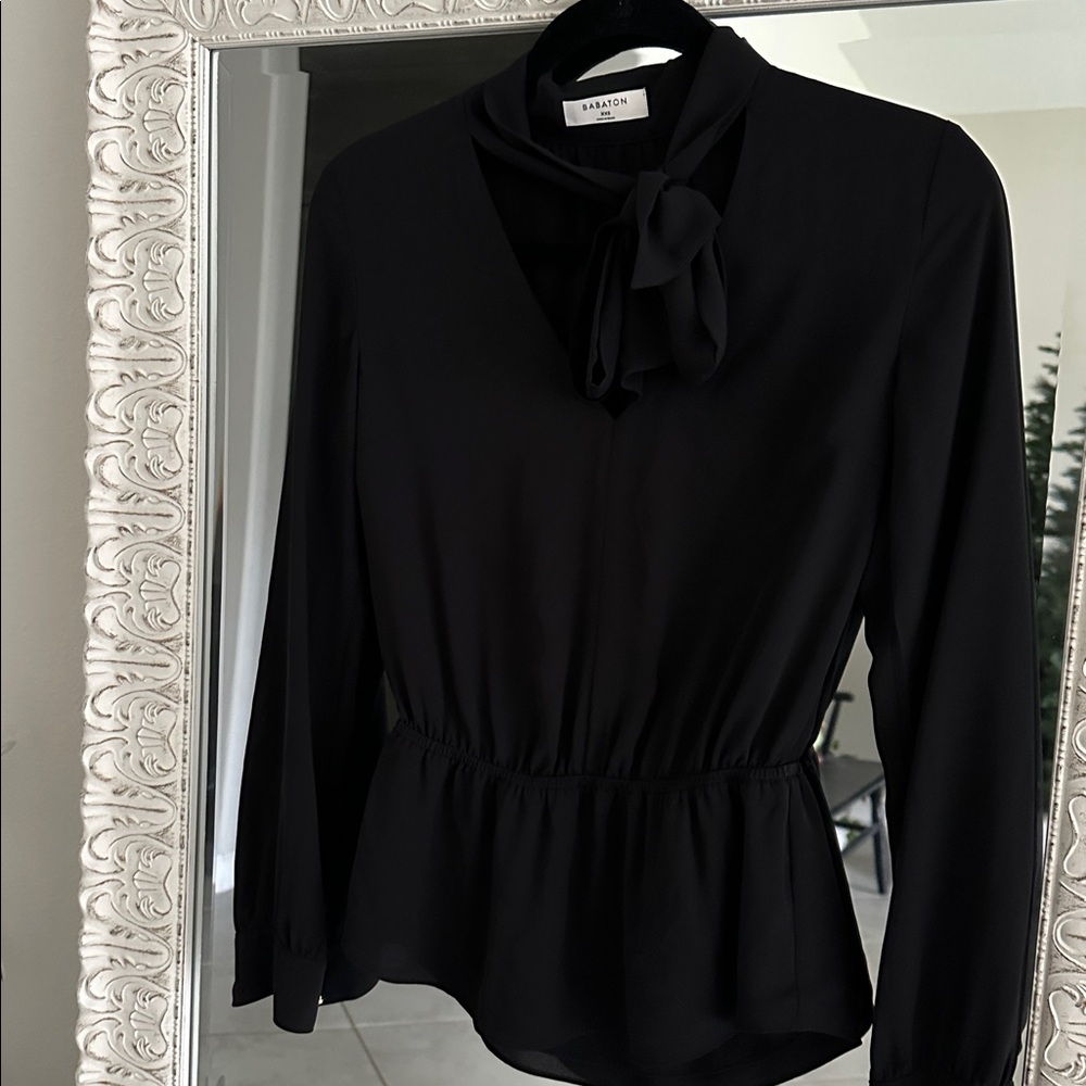 Aritzia Babaton Black long Sleeve Tie- Neck Top